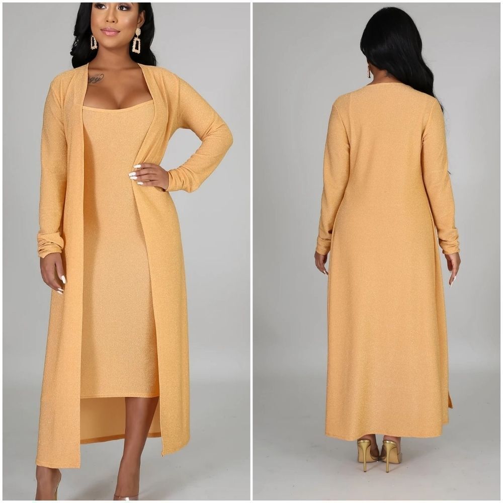 Gold Midi Dress & Cardigan Set